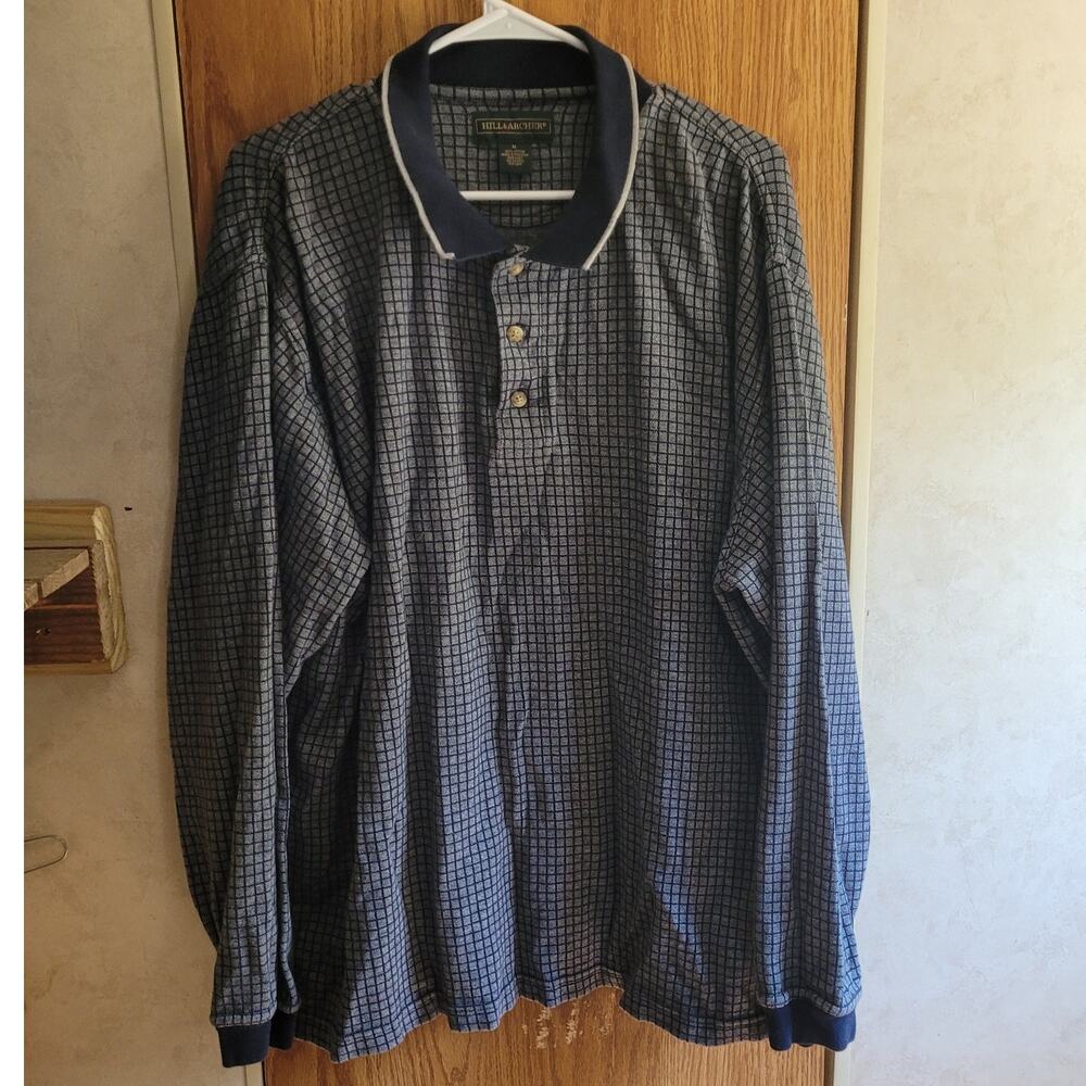 Vintage 90s Mens XL Blue Gray Grid Long Sleeve Polo Cotton Grandpa Core Preppy